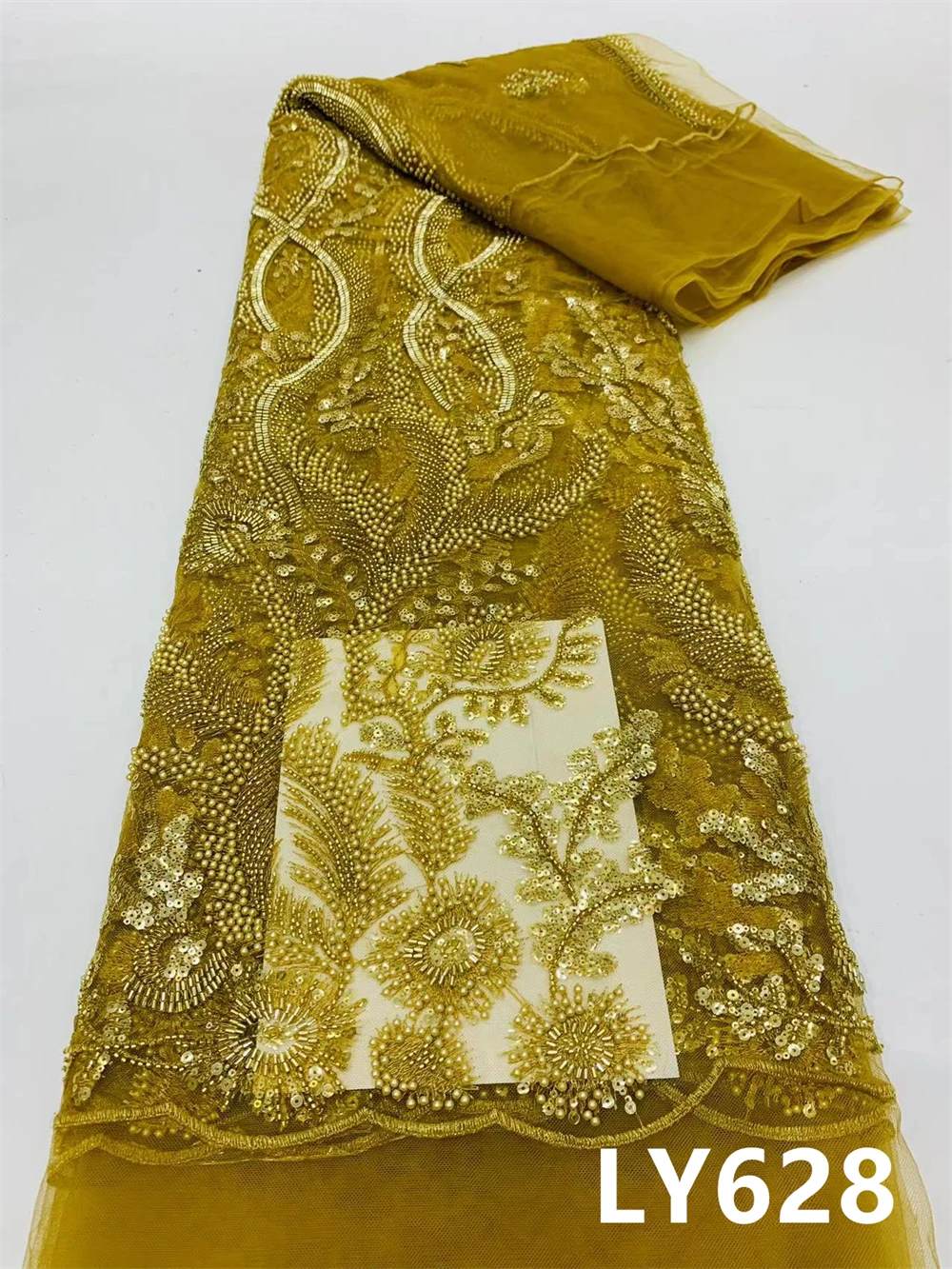 

African Sequins Lace Fabric 2023 5 Yards High Quality French Nigerian GOLD Lace Fabric For Sewing Dress Wedding Party LY628