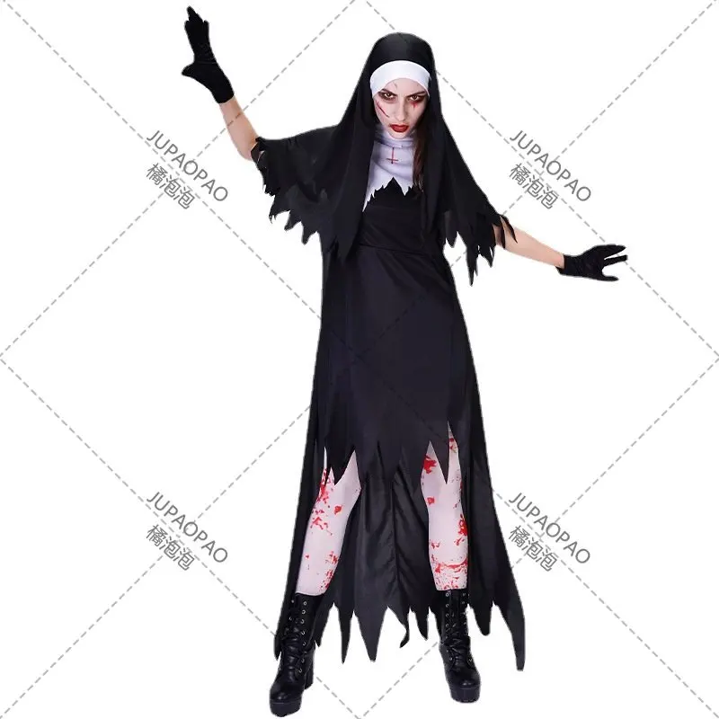 Halloween Adult Women's Blood Stained Sister Long Dress Set Party Costume Cosplay Zombie Monk Costume Halloween Live Performance