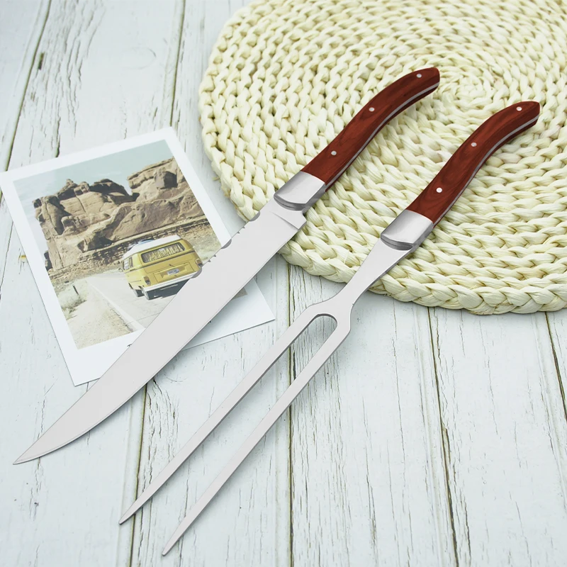 

2pcs 11.8'' Laguiole Stainless steel Carving Knife Set Restaurant Cutlery Wood Handle Steak Knife Dinner Fork Set Christmas Gift