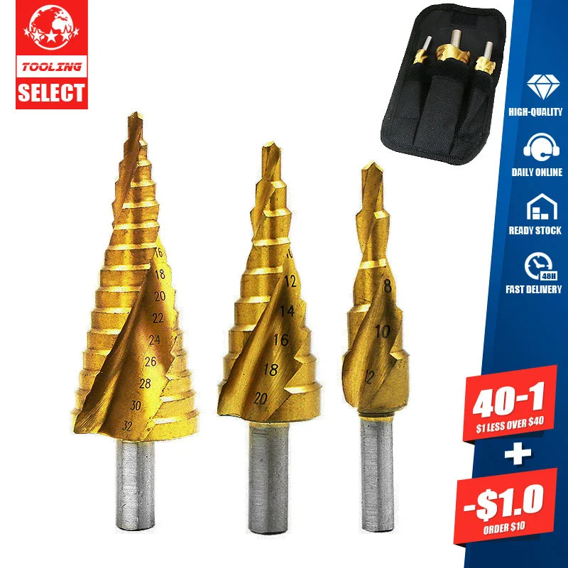 

3pcs Triangle Shank / Hexagon Shank Titanium Plated Spiral Groove Step Drill Set High Speed Steel Pagoda Reaming Bit Kit