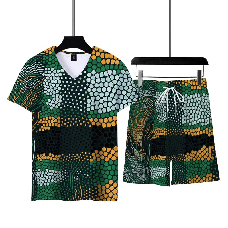 Summer Men's Tracksuit Casual Short Sleeve 3D Print Harajuku Outfit V- Neck Men Clothing T-shirt Plus Size Comfortable Top