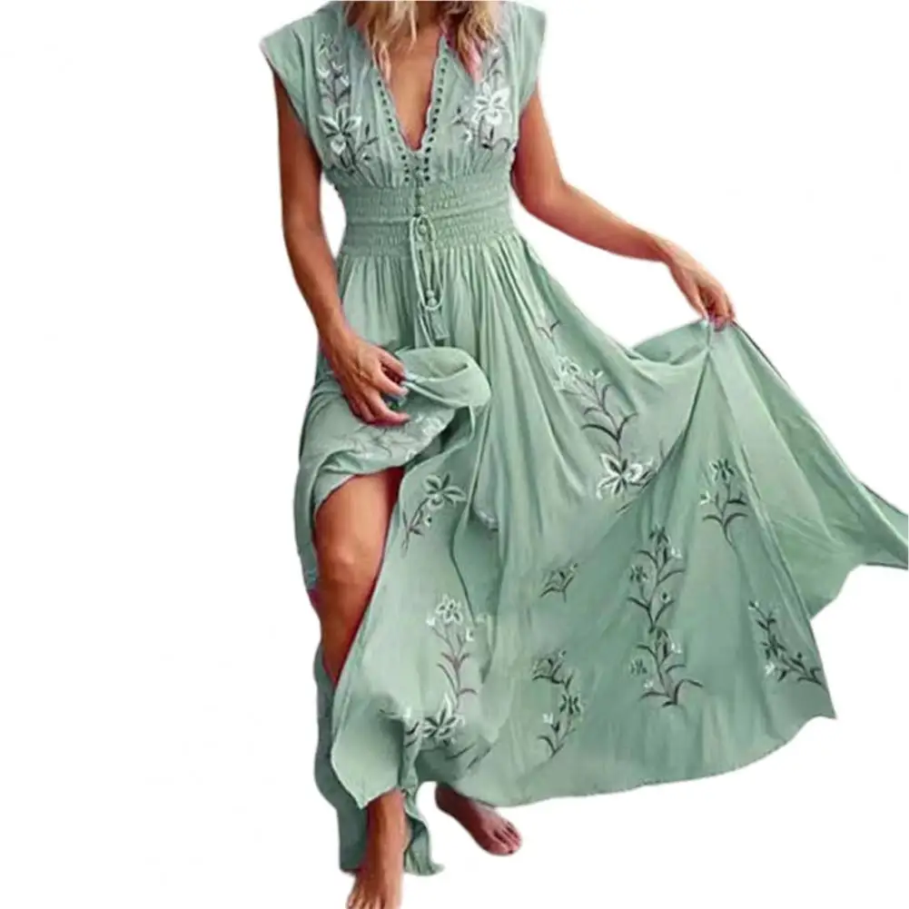 

Women Dress Vintage Large Dress Beach Lace-up Bohemian Hem Tassel Maxi Floral Summer Print Dress