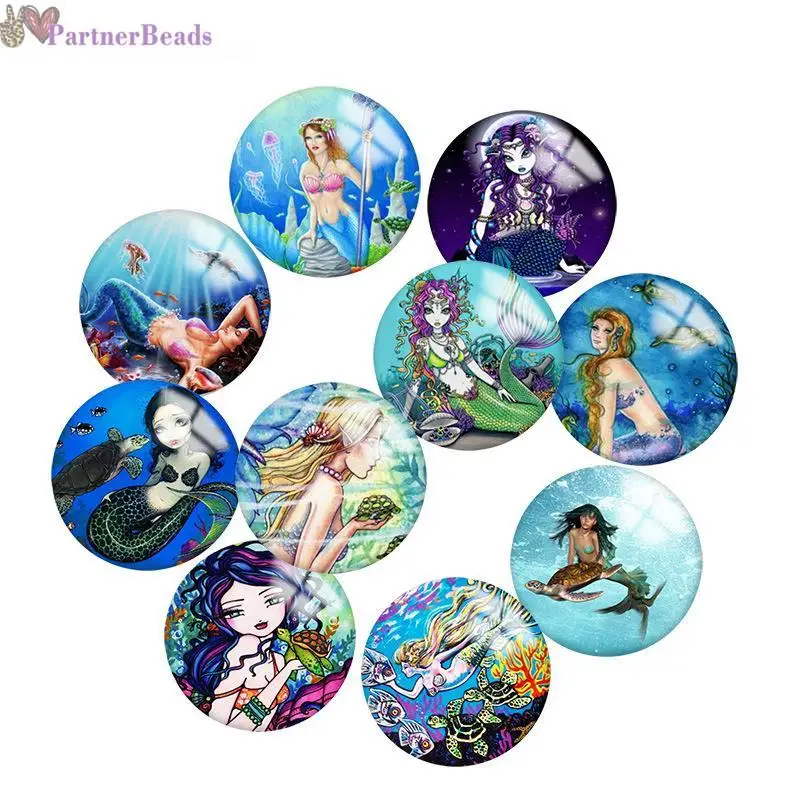 

Blue Mermaid Round Photo Glass Cabochon Demo Flat Back Making Findings 20mm Snap Button N3541