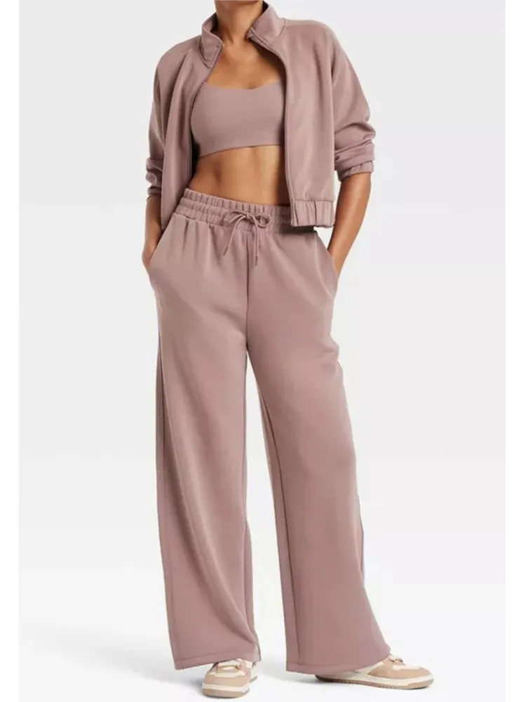 Модная повседневная однотонная куртка брючный костюм женская на молнии длинные