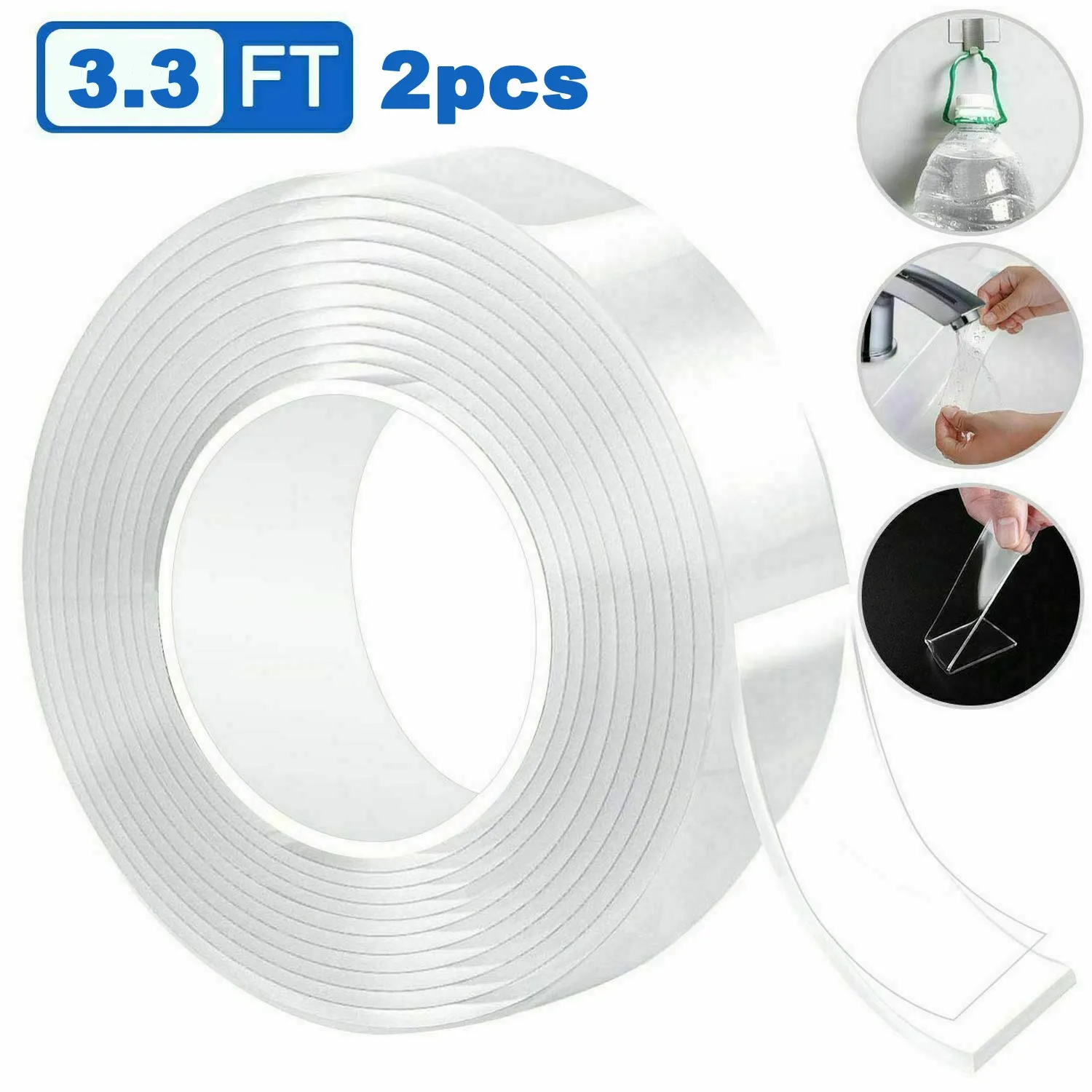 

2pcs Strong Traceless Nano Tape Transparent Double Sided Tapes Reusable Waterproof Adhesive Tape 1mx1cmx2mm