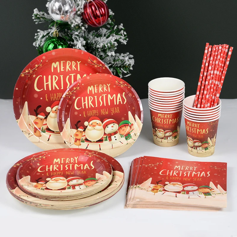 

Merry Christmas Cartoon Santa Snowman Paper Disposable Tableware Paper Cup Plates Straws Banner Navidad New Year Party Supplies
