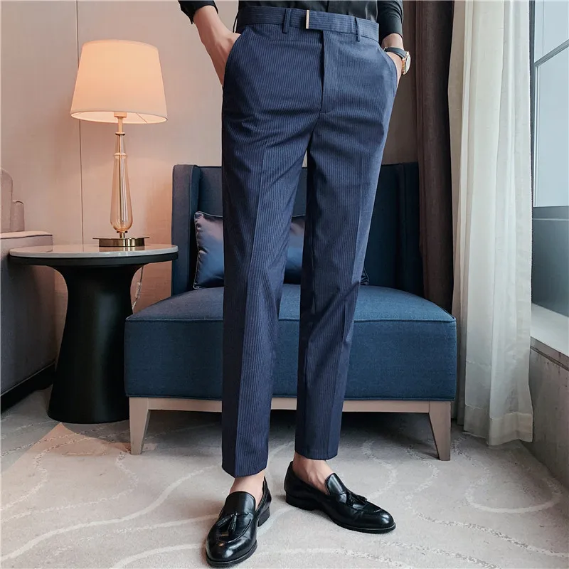 2022 Autumn Casual Business Men Stripe Pants Fashion Slim Fit Long Trouser For Men's Mid Waist  Design Pants Spring Streetwear