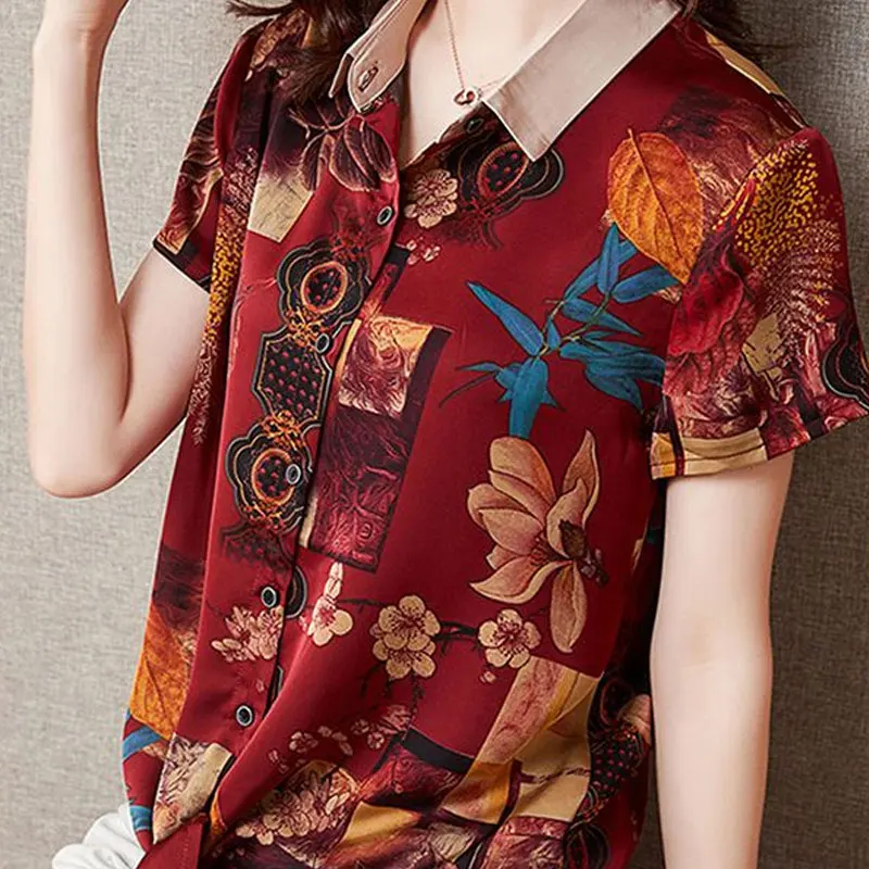 2023 Vintage Floral Printed Shirt Stylish Turn-down Collar Summer Casual Drawstring Women's Single-breasted Short Sleeve Blouse