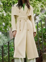 traf za elegant double breasted belt bow wind resistant women jacket beige solid color fashion slim leather lady windbreaker