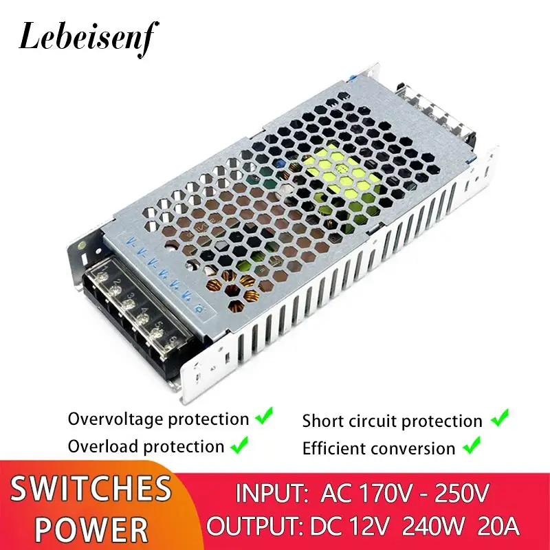 

Ultra-thin AC/DC Converter 170-250V AC to DC 12V 240W 20A Switching Power Supply LED Lighting Drive Transformer Adapter