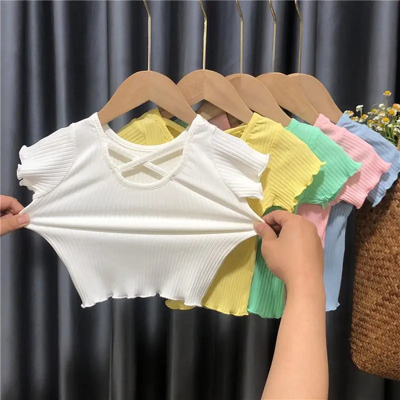 Baby Girls Summer Tops Cross Striped Solid Tank Tops 2022 New Arrival Spring Summer Kids Girls Cotton Princess Tops Korean Style