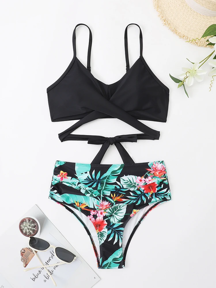 Женский облегающий комплект бикини с рюшами и завышенной талией купальник из