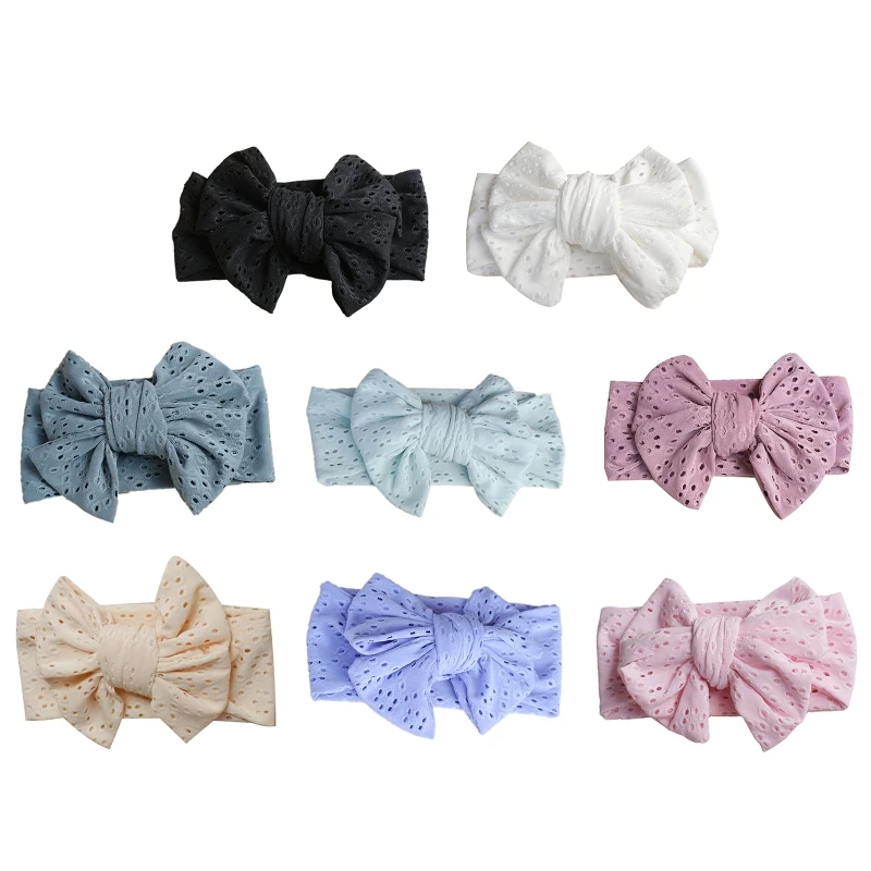 

Newborn Infant Baby Hollow Out Double Layer Headband with Big Bowknot Solid Color Elastic Wide Hairband Toddlers Soft Turban