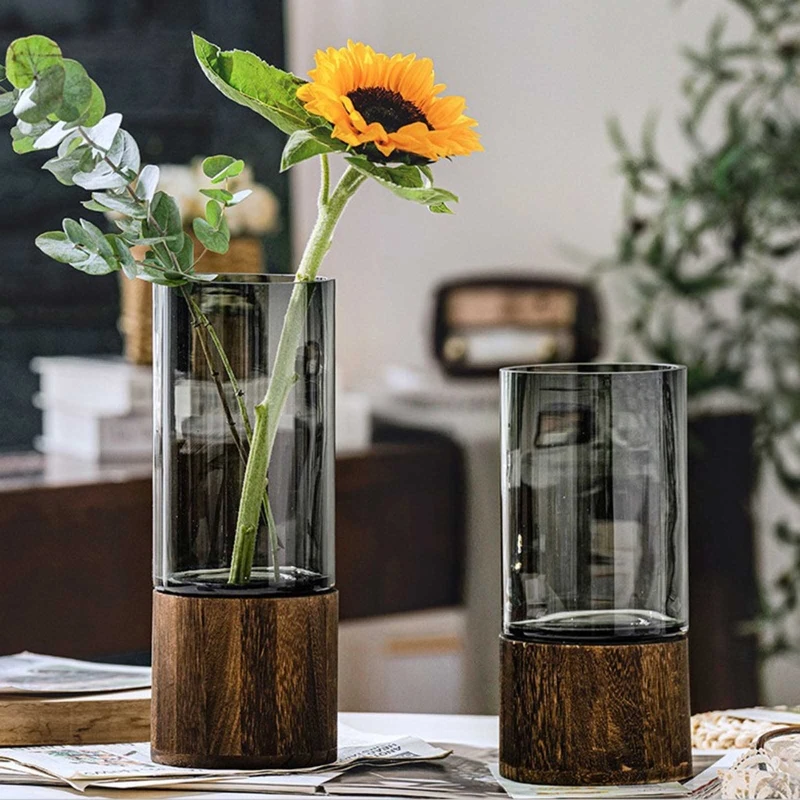 Wood Tray Glass Vase Flower Pot Arrangement Flower Container Combination Vase for Home Living Room Entrance Desktop