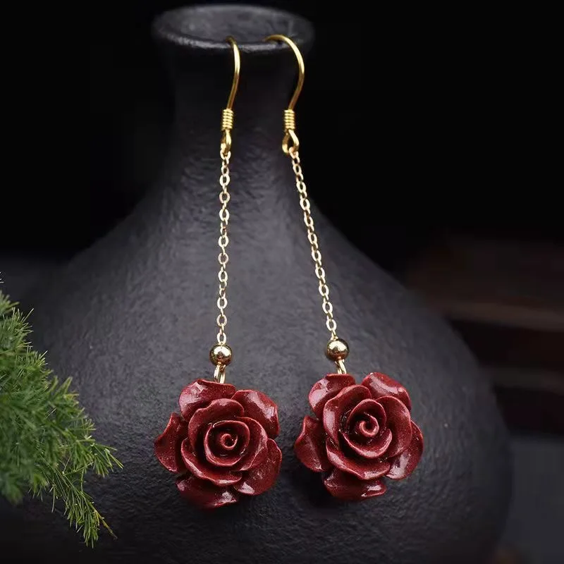 

Natural Red Organic Cinnabar Rose Flower Dangle Earrings Women Healing Gemstone Fine Jewelry Cinnabrite Crystal Gourd Earring