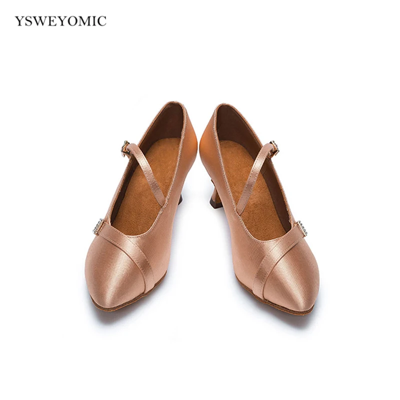 White Khaki High quality made Satin Ballroom Dance Shoes 5cm to 6cm Heel Closed Toe Standard Elegance Latin Ballroom Dance Shoes