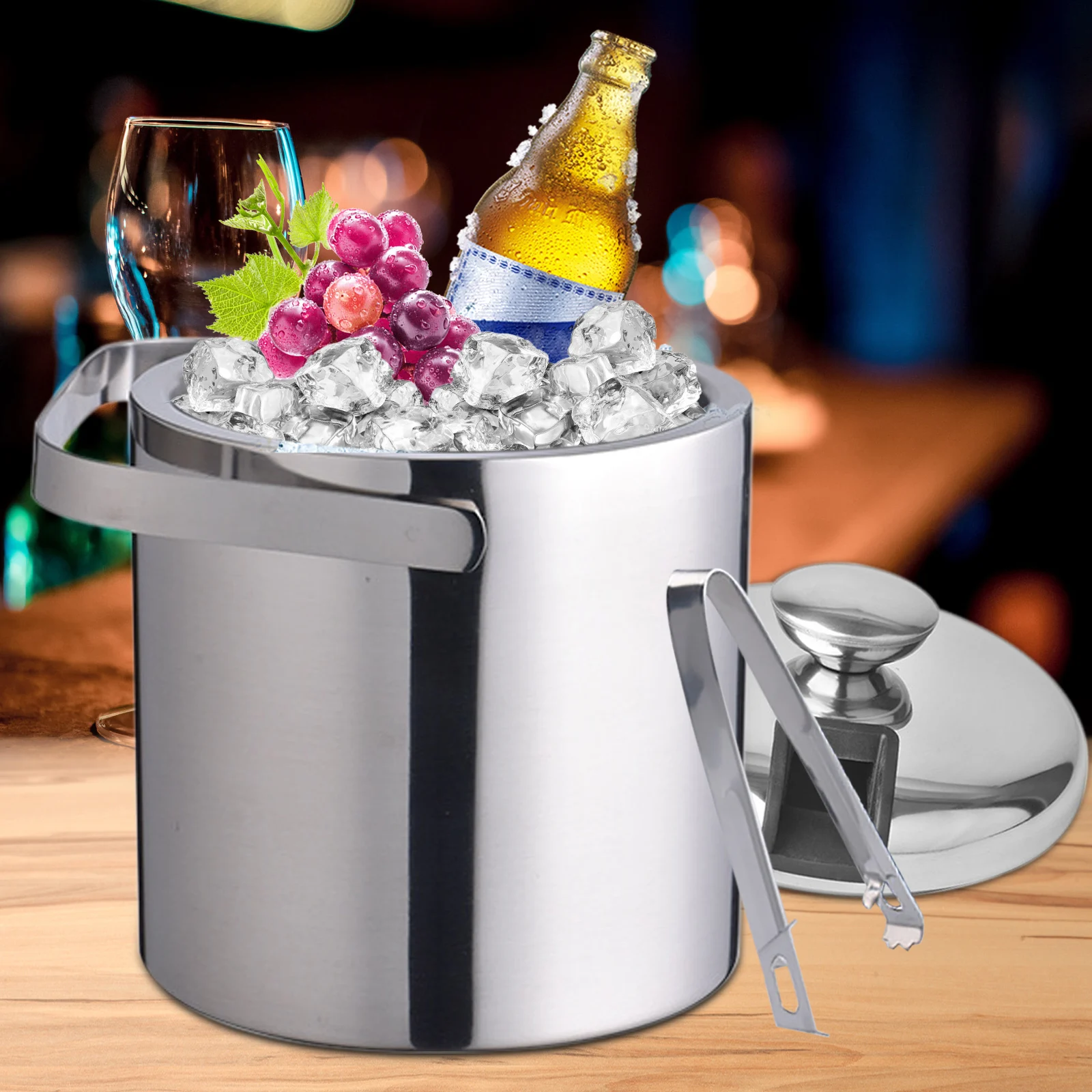 

1.3L Heat Insulation Barrel Ice Bucketwith Lid and Tongs Stainless Steel Double Wall Ice Bucket