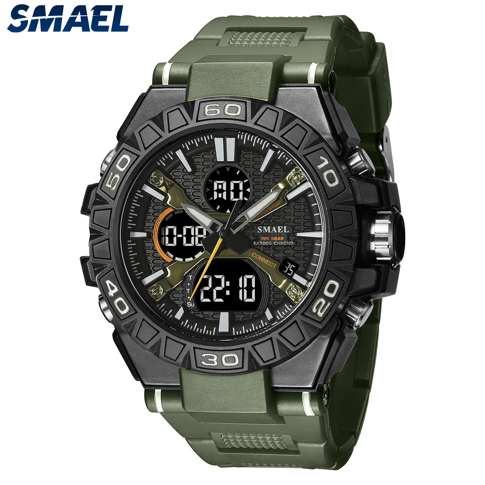 

Men Watch Quartz SMAEL Wristwatches 50M Waterproof Week Date Display Rubber Strap Alarm Clock 8071 Sport Watches Military Army