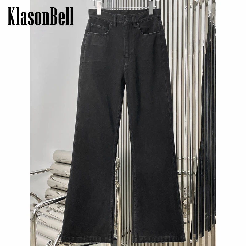 

7.17 KlasonBell Fashion Back Hem Hole Frayed Ripped Black Flared Jeans Women