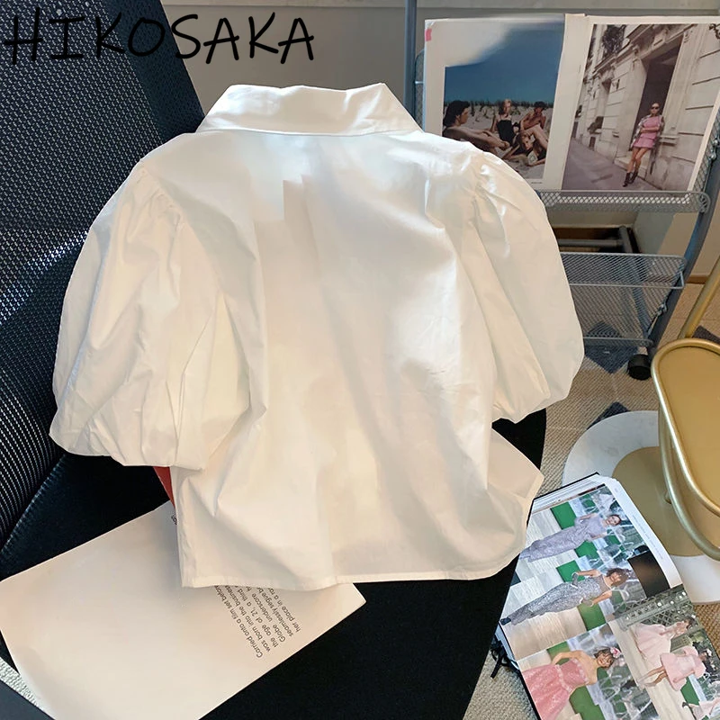 Простые рубашки Ehite блузка с отложным воротником и пышными рукавами Корейская