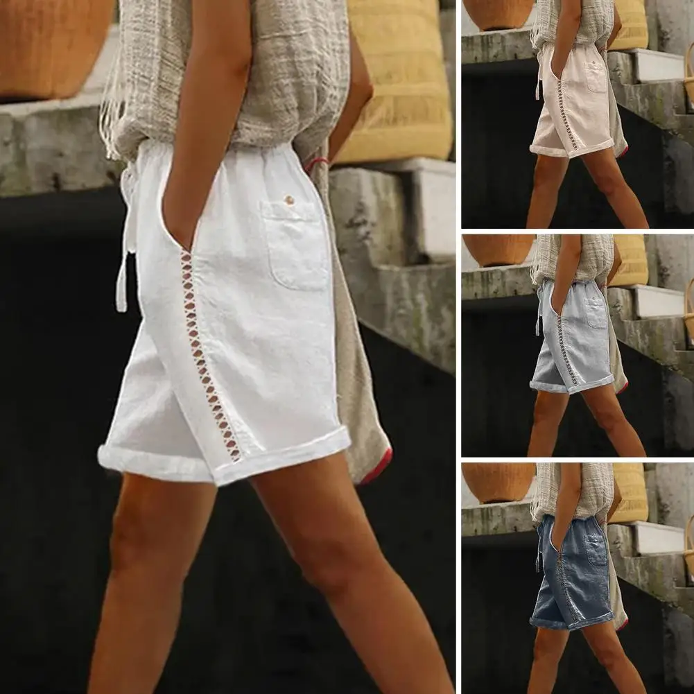 

Женские шорты-шаровары, летние повседневные винтажные хлопковые льняные шорты с эластичным поясом и широкими штанинами, свободные женские брюки в стиле ретро с карманами
