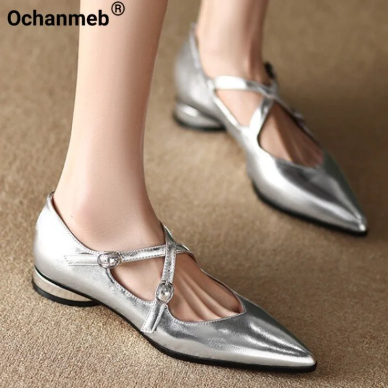 

Женские эспадрильи Ochanmeb, серебристые туфли с перекрестной шнуровкой и пряжкой на плоской подошве, с золотистым острым носком, 42