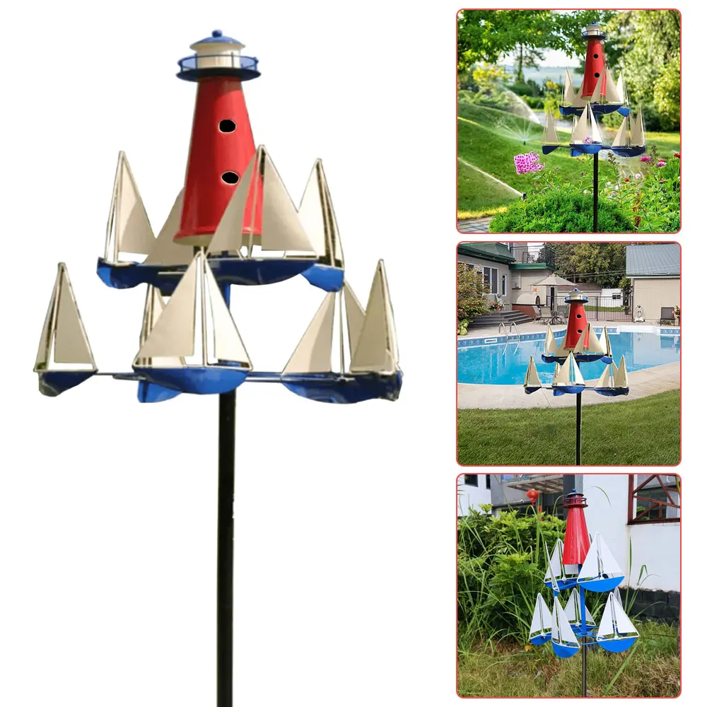 

Kinetic Art Wind Sculpture Sailboat Windmill Nautical Fun Exterior Garden Decoration Stakes Metal Iron Patio Yard Wind Spinner