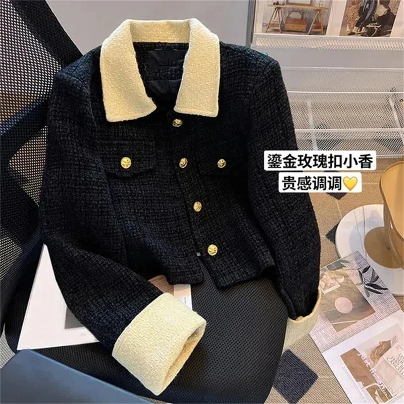 

Korean Fashion Black Tweed Short Jacket Women Elegant Hit Color Turn-Down Collar Corduroy Coats Spring Autumn Vintage Outwear