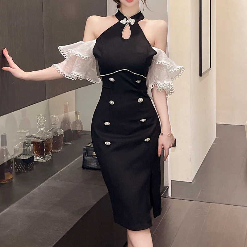 

Женское модельное вечернее платье-Ципао, элегантное платье средней длины с драпировкой цепочкой и жемчужными пуговицами, двубортное платье с разрезом, лето