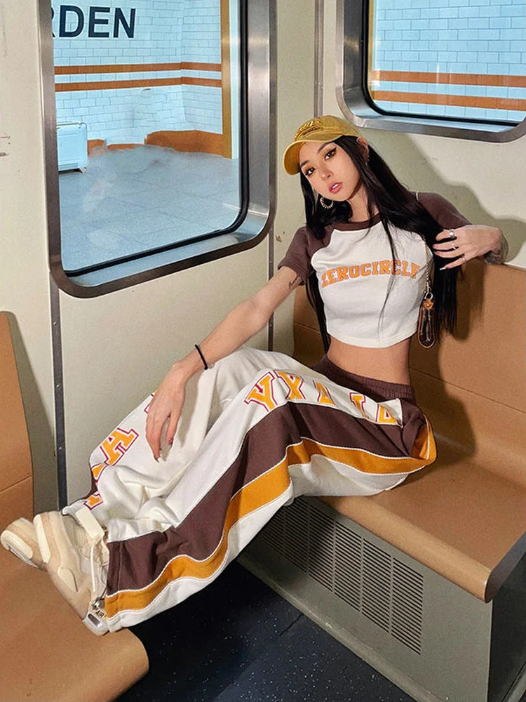 Fashion Sexy Summer Outfits Short Sleeve Print Crop Top + Straight Contrast Pants Female Japanese Harajuku Casual Two Piece Sets