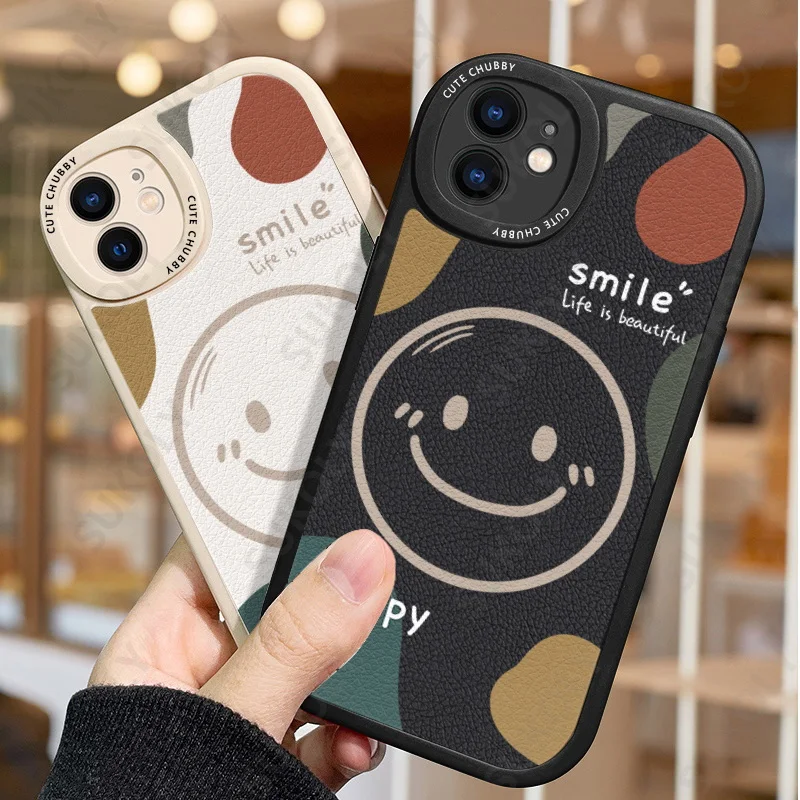 

For iPhone 13 12 11 Pro Max XS X XR 8 7 Plus SE 2022 Cute Smile Face Leather Silicone Case Luxury Shockproof Bumper Soft Cover