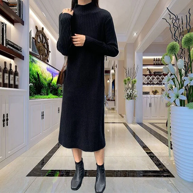 

Spring and Autumn Straight Super Long Sweater Dress Women's Turtleneck Long Sweater Dress Elegant Women's Loose Sexy Knit Dress