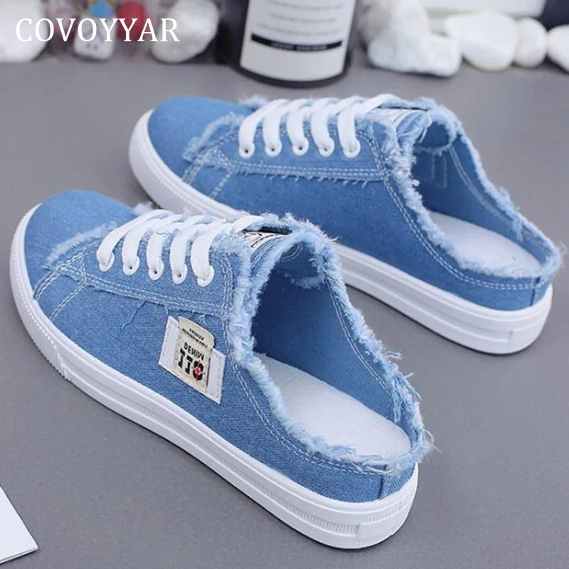 

COVOYYAR Fashion Shoes Women 2023 Canvas Lace-up Half Slippers Flat Sneakers Woman Brushed White Black Casual Shoes WSL181