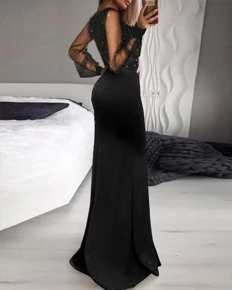 2023 Women Fashion Mermaid Prom Dress Sexy Hollow High Split Deep V-neck Long Sleeves Female Elegant Birthday Dress