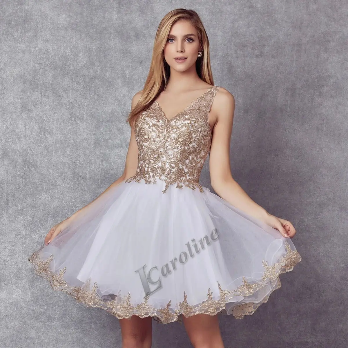

Caroline Champagne Evening Dress Short Skirt Sweetheart Knee-Length Appliques Sequin Abendkleider Prom Gowns Party Custom Made