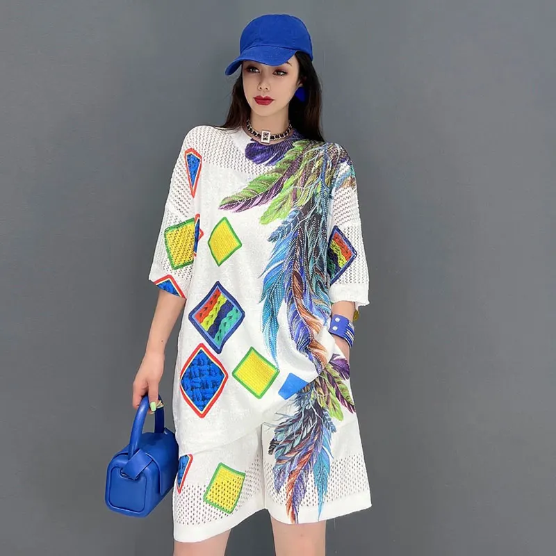 

Летний вязаный комплект из 2 предметов со стразами, модная свободная футболка со стразами и шорты с эластичным поясом для женщин