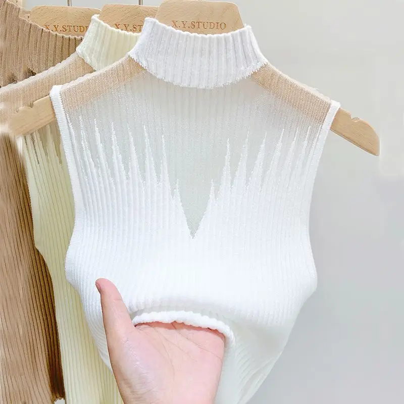 Mesh Hanging Neck Semi-high Neck Knitted Small Vest Female Undershirt Sweater Sleeveless T-shirt Short Tanks Female