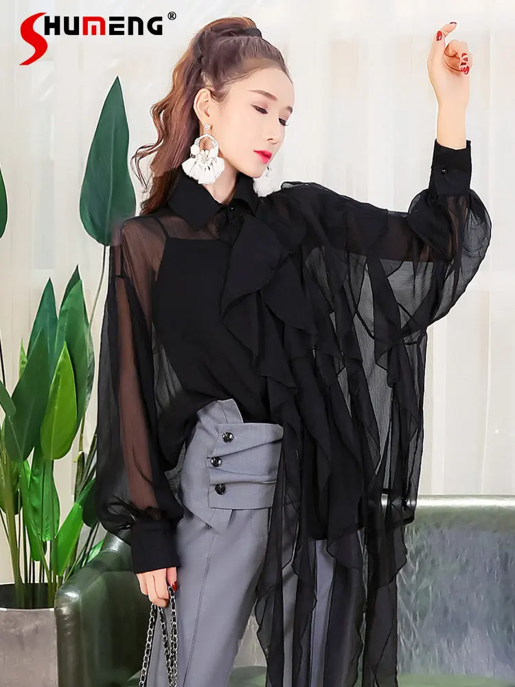 

Новинка, Женская Модная приталенная шифоновая рубашка с рукавами-фонариками, женская летняя элегантная офисная Асимметричная блузка в Кор...