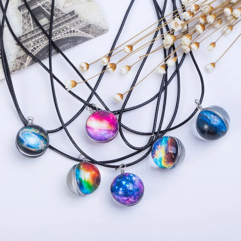 

Vintage Colorful Galaxy Universe Necklace Round Glow in the Dark Glass Ball Pendant Metal Chain Choker Fashion Jewelry Gift