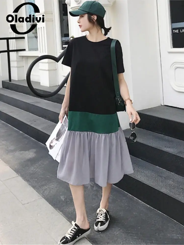 

Oladivi Color Block Patchwork Cotton Midi Dress Women Short Sleeve Casual Loose Oversized Black Dresses Large Size Clothing 6096
