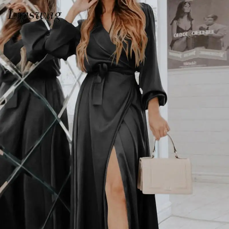 

Fashion Solid Color Lantern Long Sleeve Dress Sexy V Neck Satin Long Dress Elegant Ladies Waisted Lace Up Split Dresses Vestidos