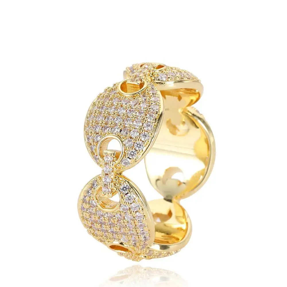 

Hip Hop Handcuffs Shape Rings Jewelry Bling Zircon Coffee Beans Finger Circle 18K Real Gold Plated