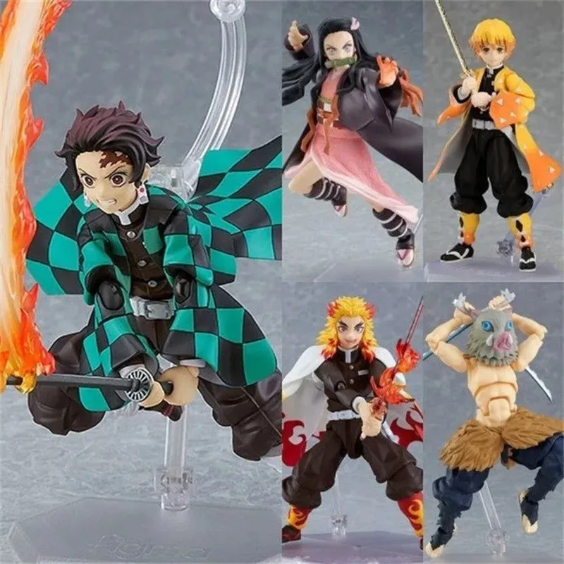 Фото Коллекционные аниме-фигурки Figma Demon Slayer: подвижные модели Камадо Танджиро, Иноске, Хашибира Кёджиро, Столп Пламени. Подарки. №1