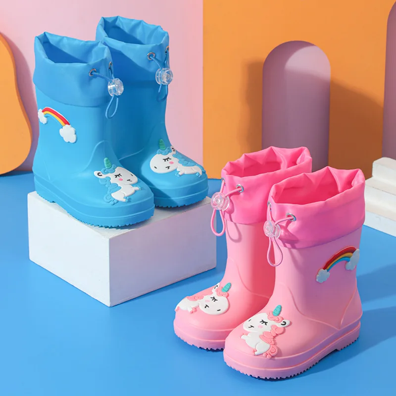

New Kids Rain Boots For Girls Rubber Rainboot Boys Baby Girls PVC Warm Children Waterproof Shoes Cartoon Unicorn Removable