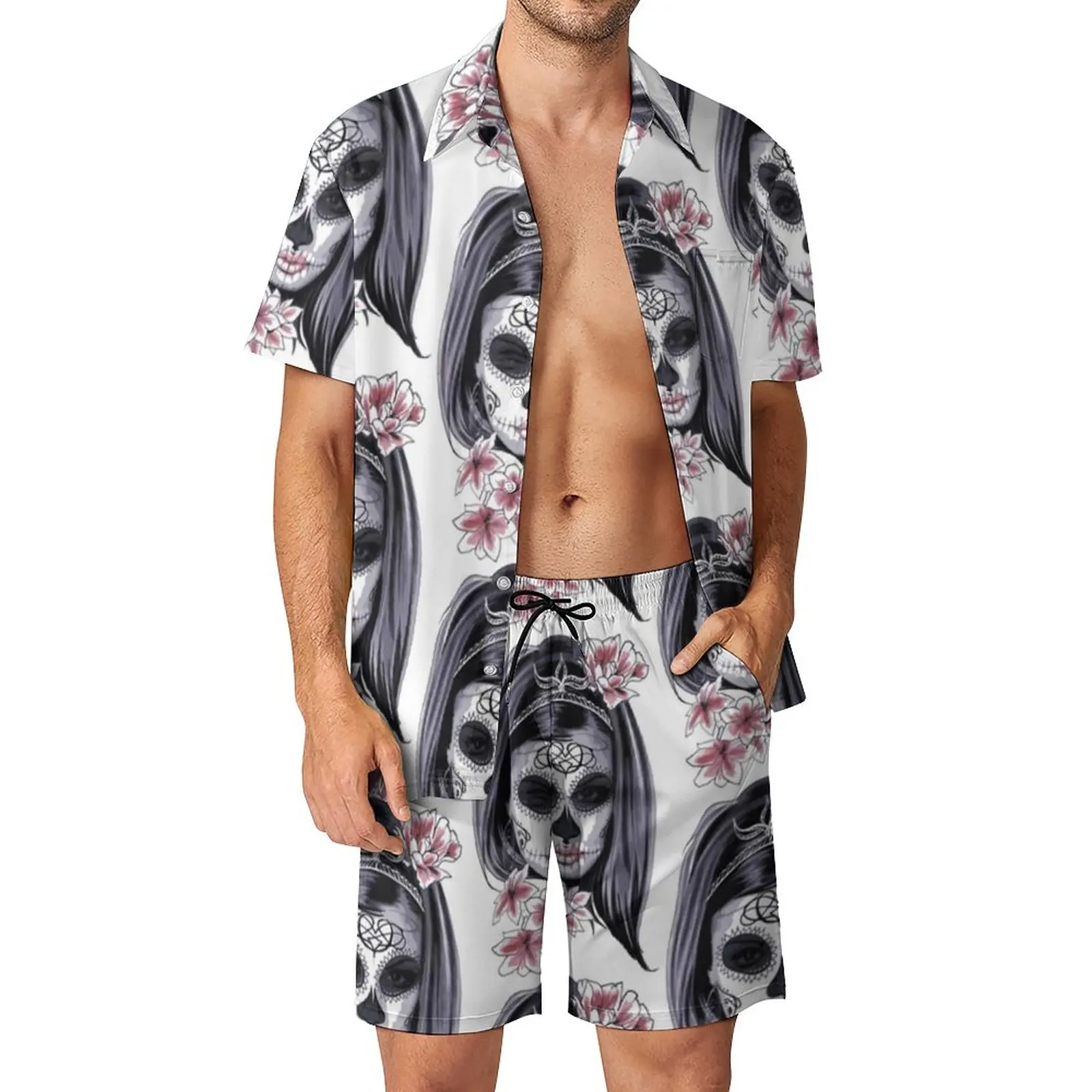 

Woman Head Mask Men Sets Skulls With Flowers Print Retro Casual Shirt Set Short-Sleeved Shorts Summer Outdoor Suit Plus Size