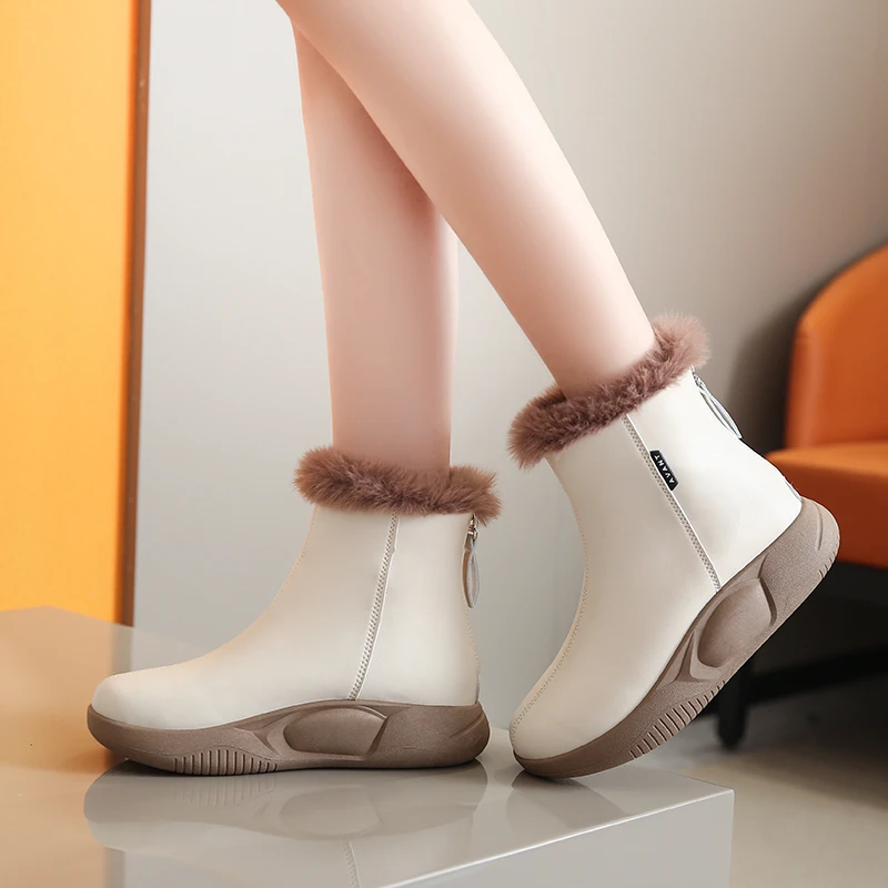 Winter Snow Boots Women Ski Boots Fluffy Hairy Lace Up Middle Calf Platform Flat with White Ski Boots Platform Boots Women Shoes