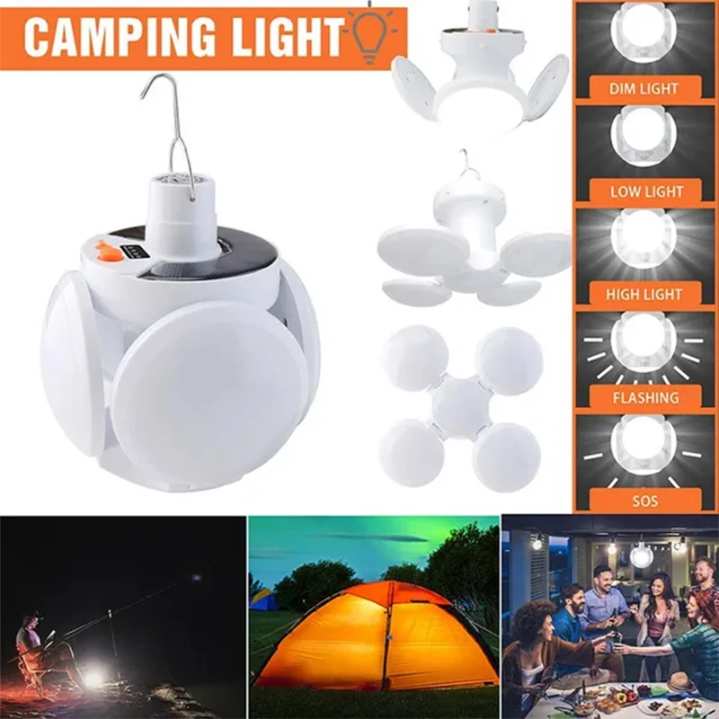Solar Light Bulb Camping Solar LED Light USB Rechargeable 5Lighting Modes Tent Hanging Bulb for Outdoor Hiking Emergency Outage
