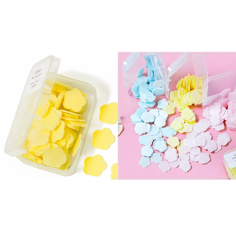 

100Pcs/Box Disposable Cute Mini Flower Shape Paper Soap Slice With Box Hand-washing Soap Paper Flakes Handwashing Soap Brand NEW