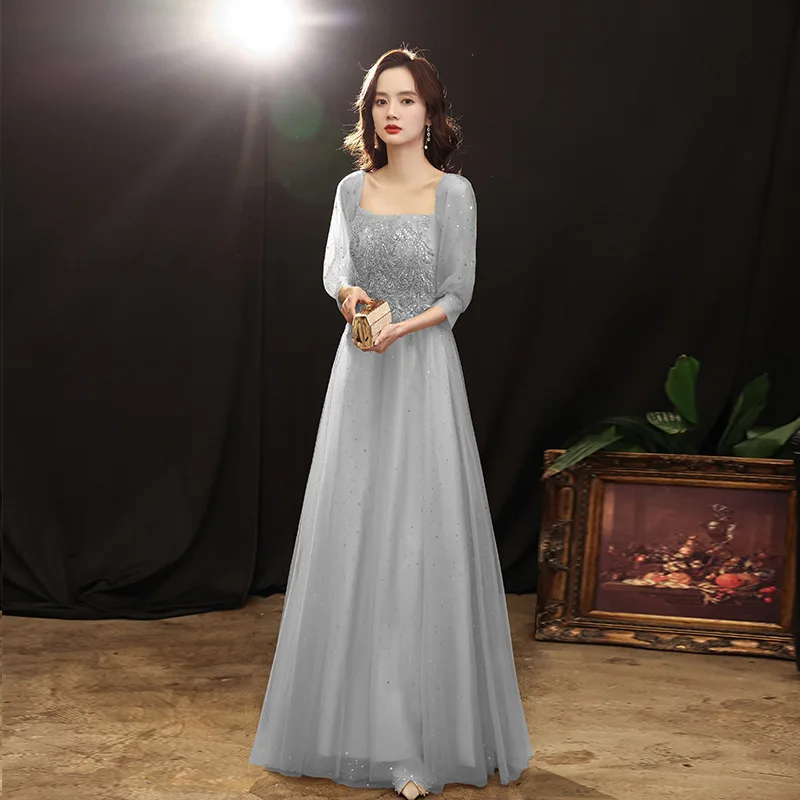 Grey evening dress new spring banquet temperament celebrity small presenter slim evening dress