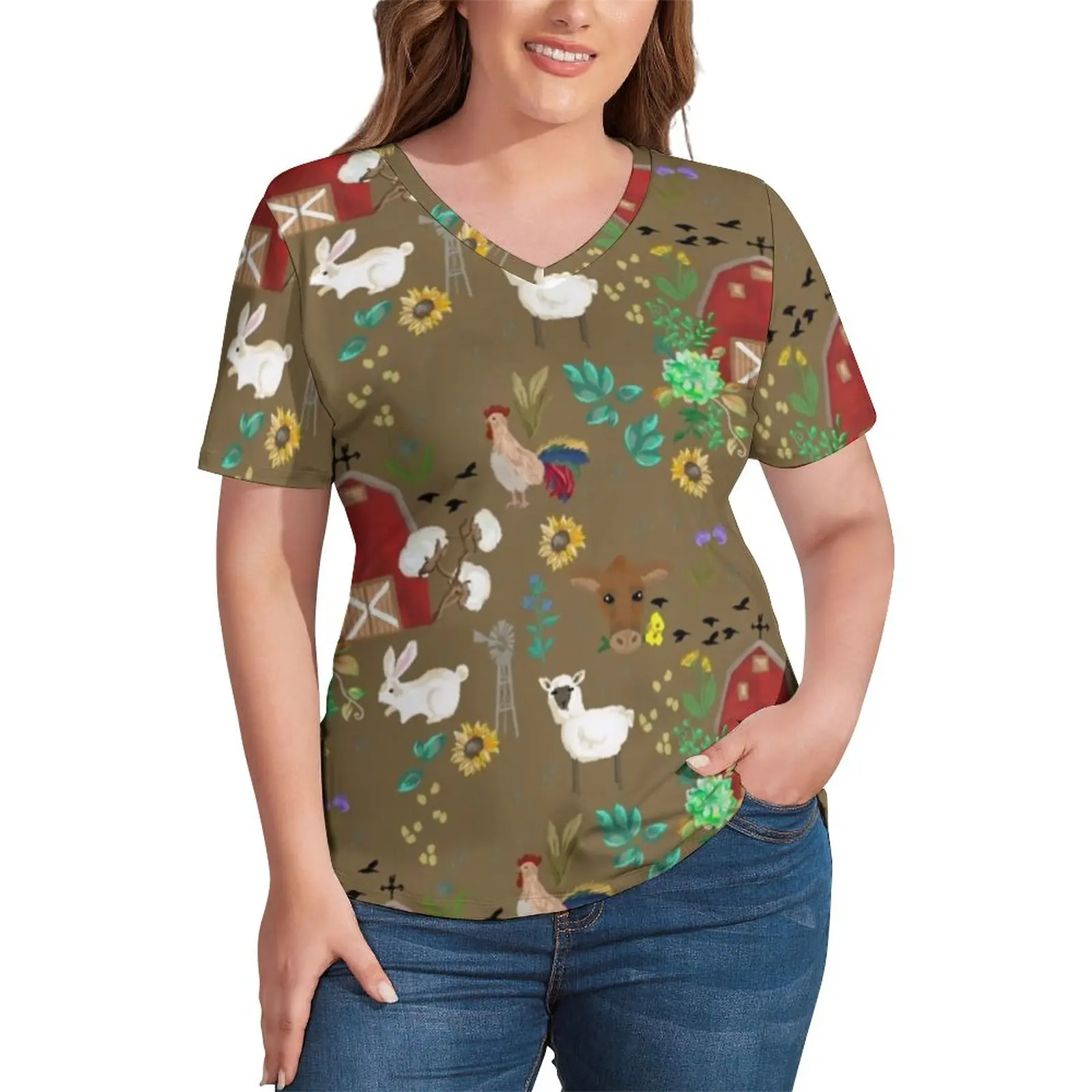 

Farm House T-Shirts Funny Animal Print V Neck Street Fashion T-Shirt Lady Kawaii Tee Shirt Summer Graphic Tees Plus Size 3XL 4XL